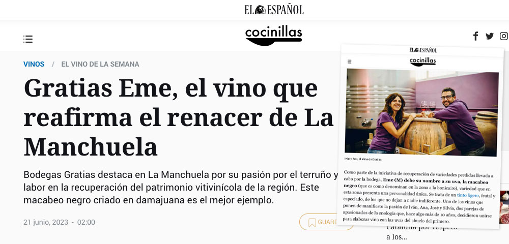 Reportaje al vino Eme de Bodegas Gratias en Cocinillas de El español