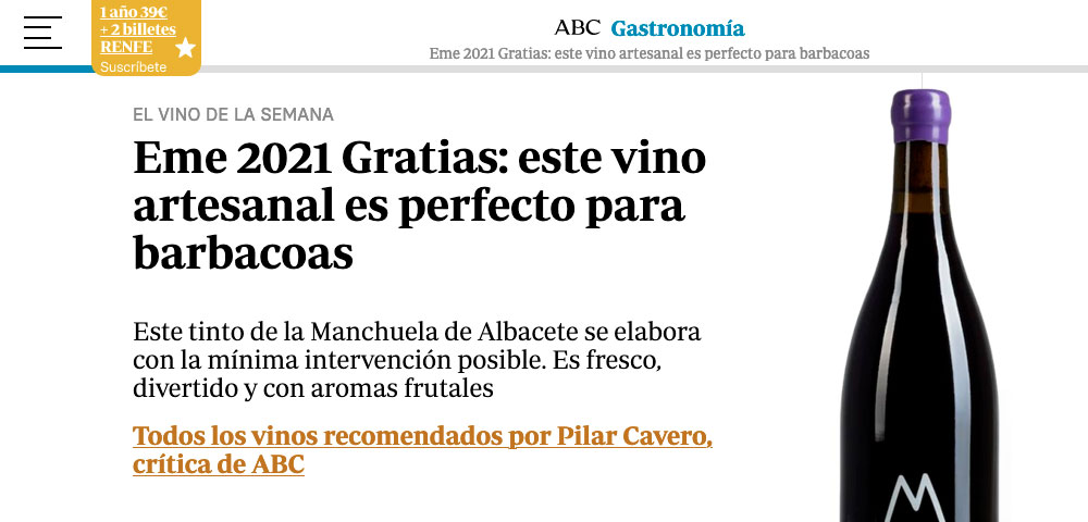 Reportaje al vino Eme de Bodegas Gratias en Gastronomía del periódico ABC