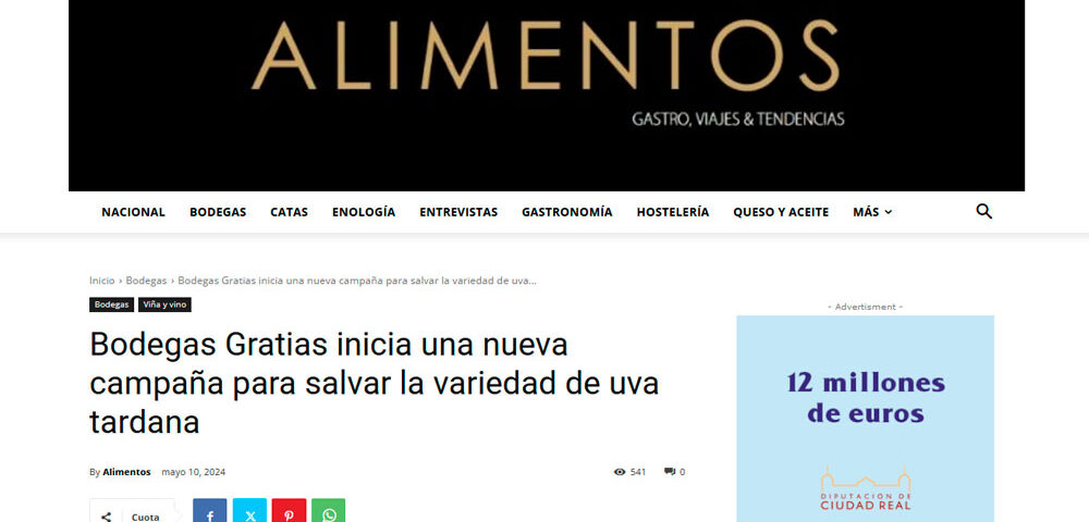 Bodegas Gratias en la revista ALIMENTOS